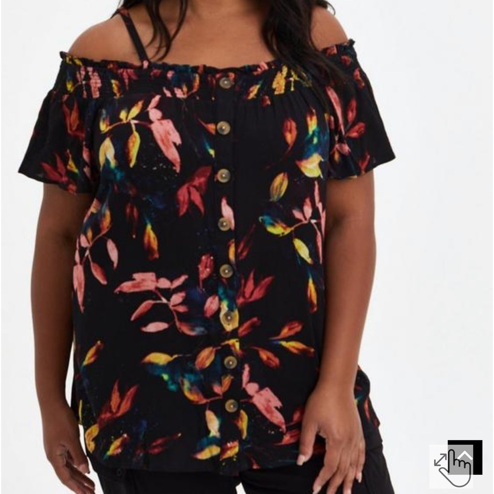 Torrid Black and Leaf Print Rayon Crepe Smocked Cold Shoulder Top